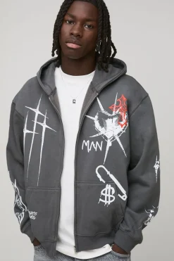 boohooMAN Sweat à capuche oversize couleur , à fermeture éclair et imprimé d’un tatouage graffiti<Homme Sweats À Capuche Et Sweatshirts|Sweats À Capuche Grande Taille