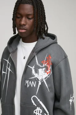 boohooMAN Sweat à capuche oversize couleur , à fermeture éclair et imprimé d’un tatouage graffiti<Homme Sweats À Capuche Et Sweatshirts|Sweats À Capuche Grande Taille