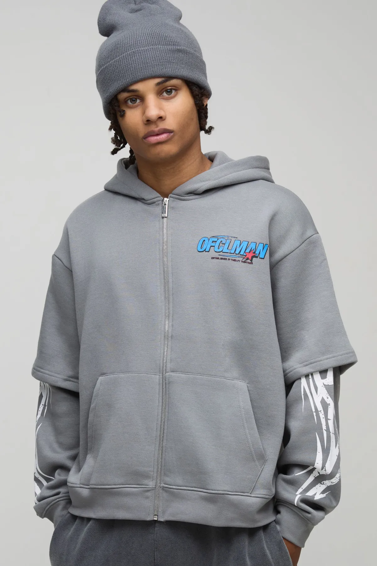 boohooMAN Sweat à capuche oversize, à coupe boxy style moto, avec fermeture éclair et effet de superposition factice<Homme Sweats À Capuche Et Sweatshirts|Sweats À Capuche Et Sweats