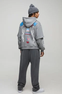 boohooMAN Sweat à capuche oversize, à coupe boxy style moto, avec fermeture éclair et effet de superposition factice<Homme Sweats À Capuche Et Sweatshirts|Sweats À Capuche Et Sweats