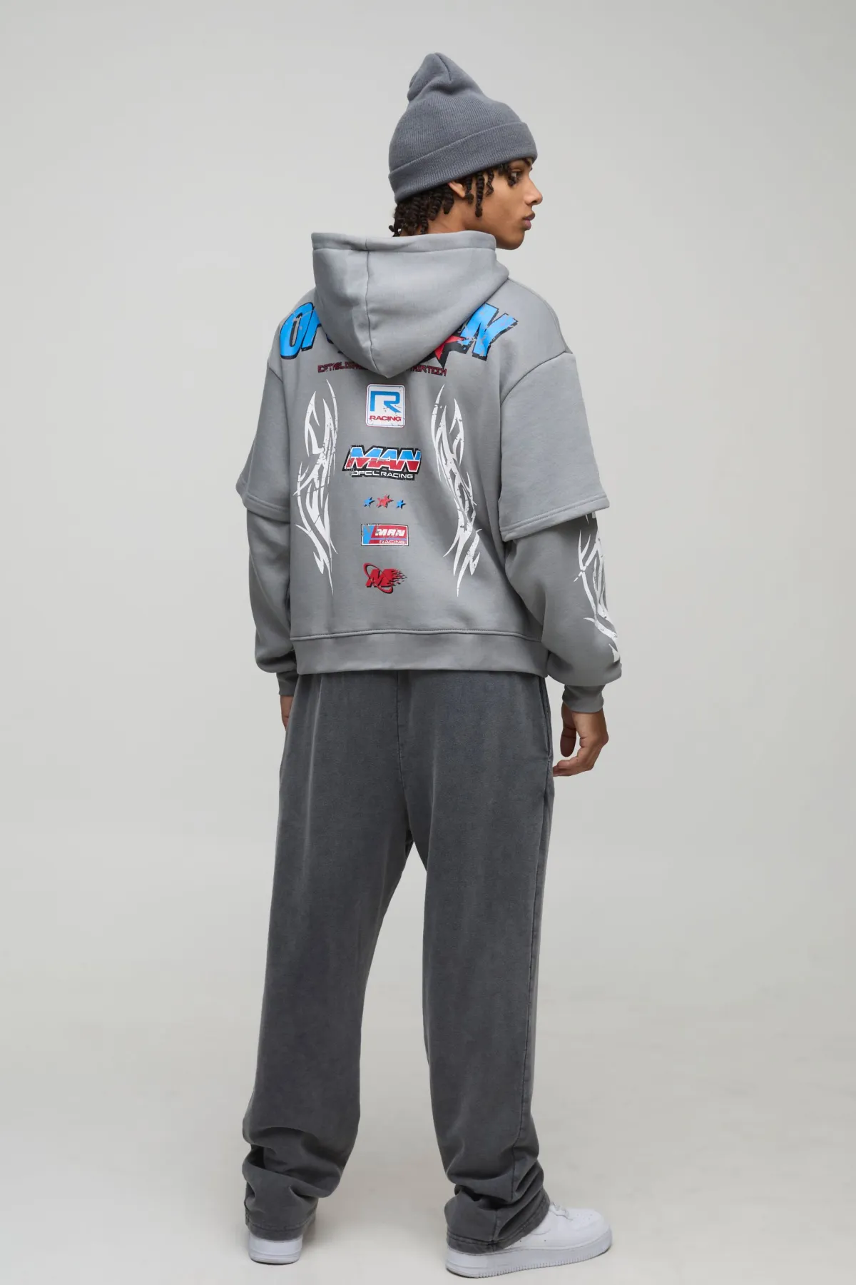 boohooMAN Sweat à capuche oversize, à coupe boxy style moto, avec fermeture éclair et effet de superposition factice<Homme Sweats À Capuche Et Sweatshirts|Sweats À Capuche Et Sweats