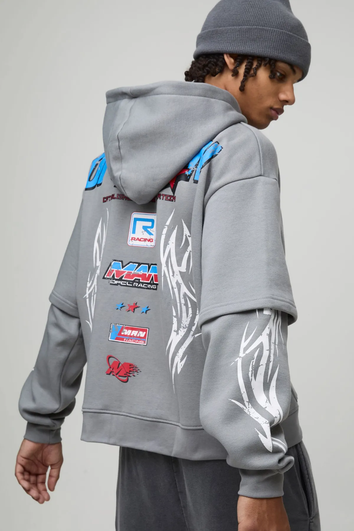 boohooMAN Sweat à capuche oversize, à coupe boxy style moto, avec fermeture éclair et effet de superposition factice<Homme Sweats À Capuche Et Sweatshirts|Sweats À Capuche Et Sweats
