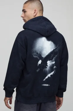 Sweat à capuche oversize en charbon, imprimé d'aigle et lavé