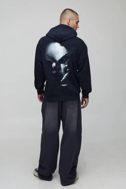 Sweat à capuche oversize en charbon, imprimé d'aigle et lavé