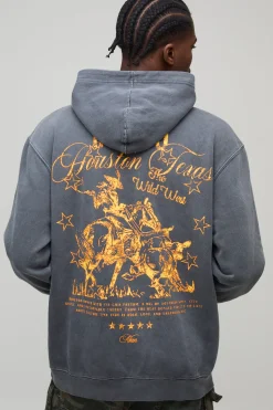 boohooMAN Sweat à capuche oversize en charbon lavé, imprimé Texas Western<Homme Sweats À Capuche Et Sweatshirts|Sweats À Capuche Et Sweats