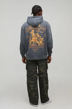 boohooMAN Sweat à capuche oversize en charbon lavé, imprimé Texas Western<Homme Sweats À Capuche Et Sweatshirts|Sweats À Capuche Et Sweats