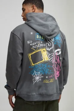 Sweat à capuche oversize en charcoal lavé, à imprimé doodle