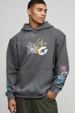 Sweat à capuche oversize en charcoal lavé, à imprimé doodle
