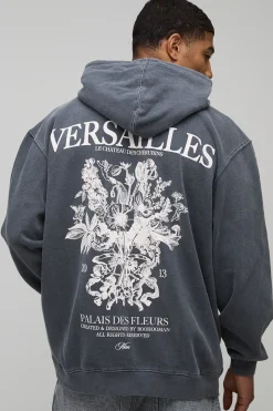 Sweat à capuche oversize gris lavé imprimé Versailles