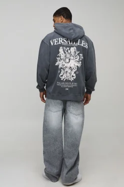 Sweat à capuche oversize gris lavé imprimé Versailles