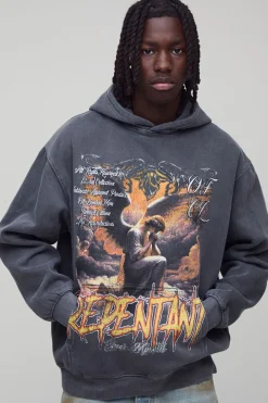 boohooMAN Sweat à capuche oversize lavé à motif graphique « Repentant » de couleur<Homme Sweats À Capuche Et Sweatshirts|Sweats À Capuche Grande Taille