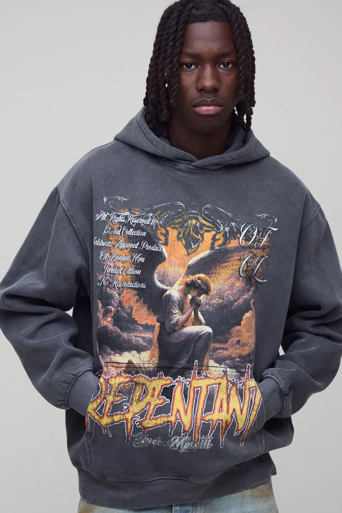 boohooMAN Sweat à capuche oversize lavé à motif graphique « Repentant » de couleur<Homme Sweats À Capuche Et Sweatshirts|Sweats À Capuche Grande Taille