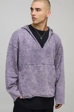Sweat à capuche oversize à épaules tombantes, col en V, délavé et vieilli