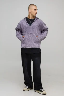 Sweat à capuche oversize à épaules tombantes, col en V, délavé et vieilli