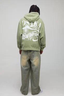 boohooMAN Sweat à capuche oversize délavé imprimé Osaka<Homme Sweats À Capuche Et Sweatshirts|Sweats À Capuche Grande Taille