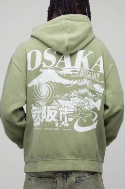 boohooMAN Sweat à capuche oversize délavé imprimé Osaka<Homme Sweats À Capuche Et Sweatshirts|Sweats À Capuche Grande Taille