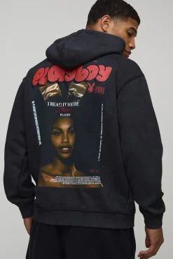 Sweat à capuche Playboy noir oversize lavé imprimé sous licence