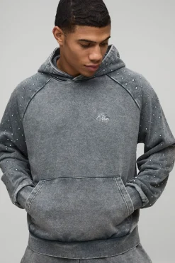 Sweat à capuche raglan délavé oversize Boxy Man à strass