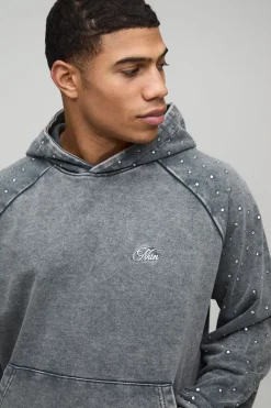 Sweat à capuche raglan délavé oversize Boxy Man à strass
