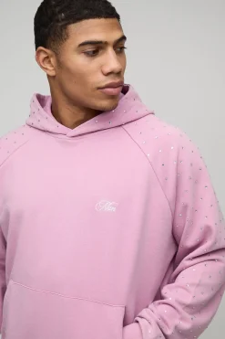 Sweat à capuche raglan surdimensionné pour homme à la coupe carrée, orné de strass et délavé.
