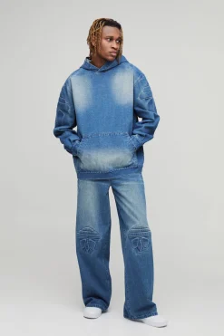 Sweat à capuche surdimensionné en denim biker gaufré pour grande taille