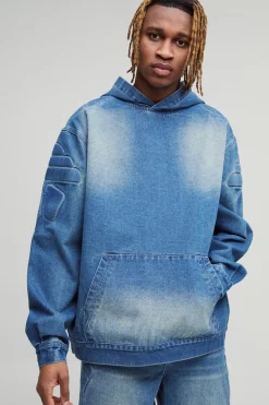 Sweat à capuche surdimensionné en denim biker gaufré pour grande taille