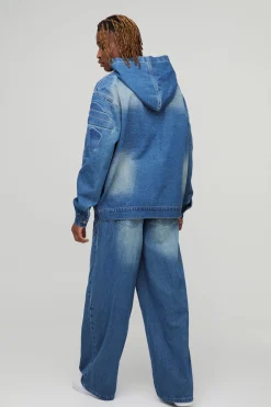 Sweat à capuche surdimensionné en denim biker gaufré pour grande taille