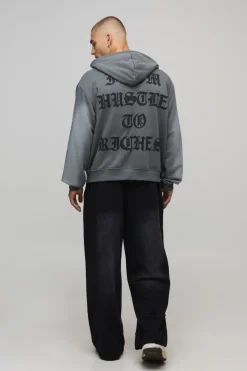 Sweat à capuche surdimensionné, coupe carrée, à imprimé pailleté, effet spray lavé et zippé