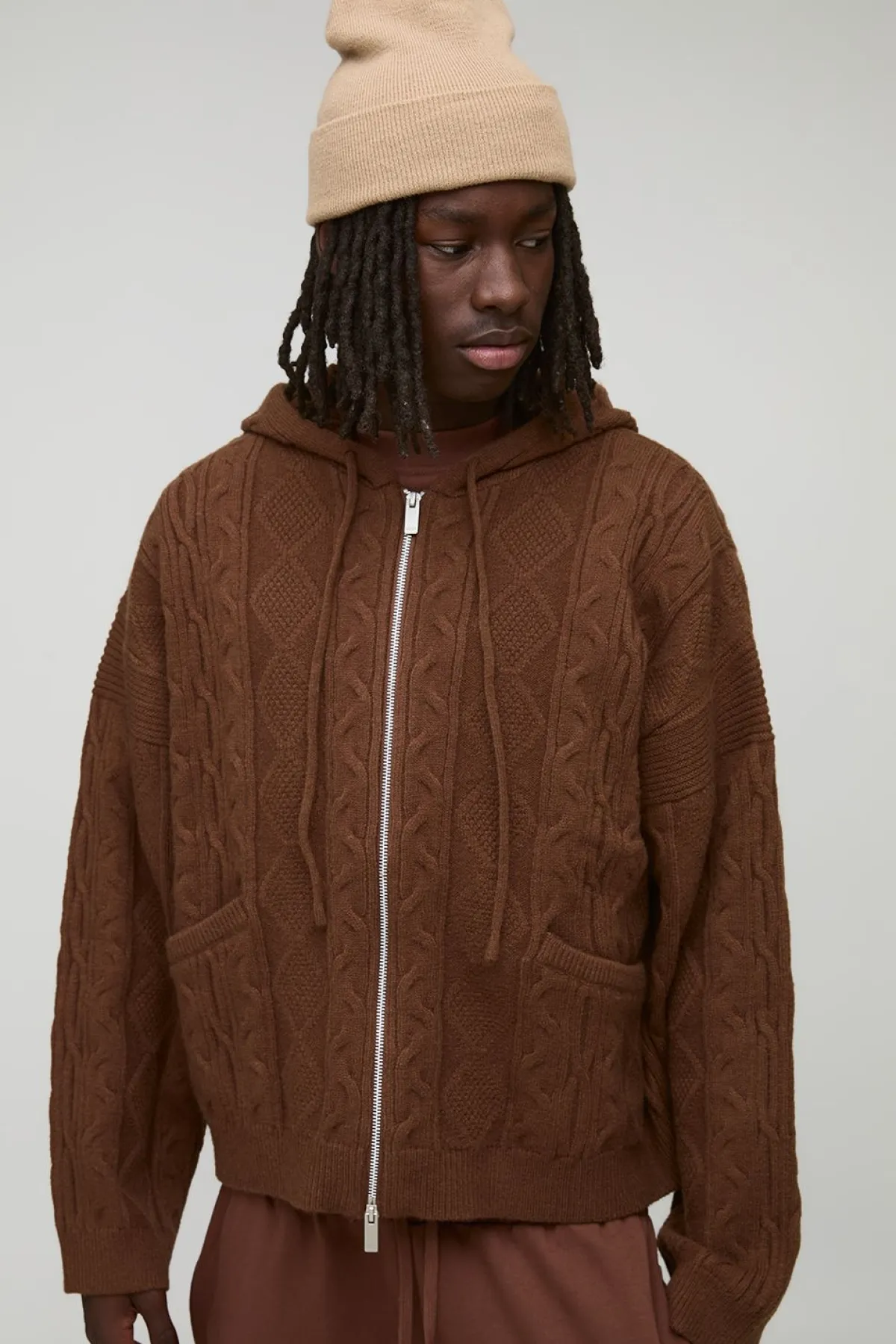 boohooMAN Sweat à capuche surdimensionné zippé en maille torsadée<Homme Sweats À Capuche Et Sweatshirts|Sweats À Capuche Et Sweats