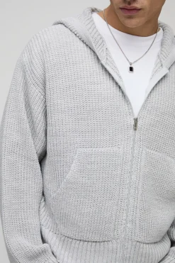 Sweat à capuche tricoté à côtes, coupe boxy avec fermeture éclair intégrale