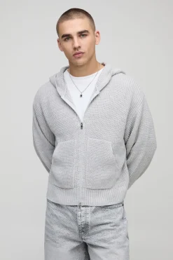 Sweat à capuche tricoté à côtes, coupe boxy avec fermeture éclair intégrale