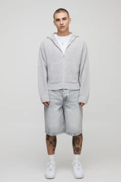 Sweat à capuche tricoté à côtes, coupe boxy avec fermeture éclair intégrale