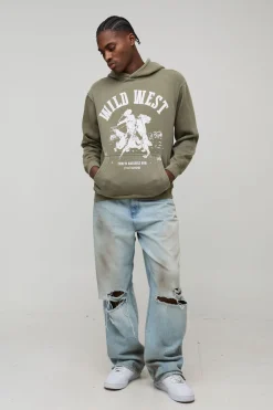 Sweat à capuche western imprimé, oversize et boxy, en khaki lavé