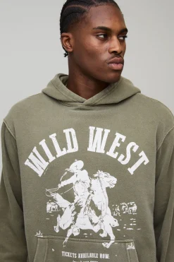 Sweat à capuche western imprimé, oversize et boxy, en khaki lavé