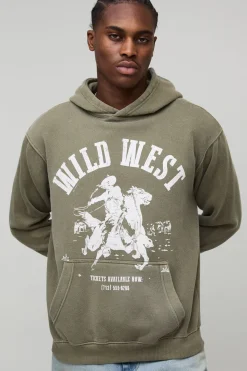 Sweat à capuche western imprimé, oversize et boxy, en khaki lavé