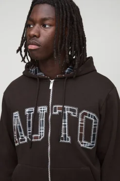 Sweat à capuche zippé avec appliqué motif à carreaux chocolat