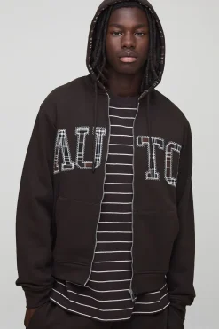 Sweat à capuche zippé avec appliqué motif à carreaux chocolat