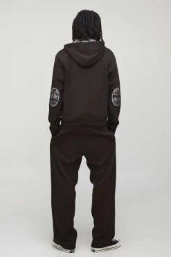 Sweat à capuche zippé avec appliqué motif à carreaux chocolat