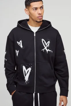 boohooMAN Sweat à capuche zippé Heart surdimensionné<Homme Sweats À Capuche Et Sweatshirts|Sweats À Capuche Et Sweats