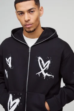 boohooMAN Sweat à capuche zippé Heart surdimensionné<Homme Sweats À Capuche Et Sweatshirts|Sweats À Capuche Et Sweats
