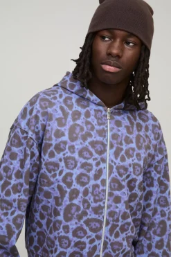 boohooMAN Sweat à capuche zippé à imprimé léopard, coupe rétrécie<Homme Sweats À Capuche Et Sweatshirts|Sweats À Capuche Et Sweats