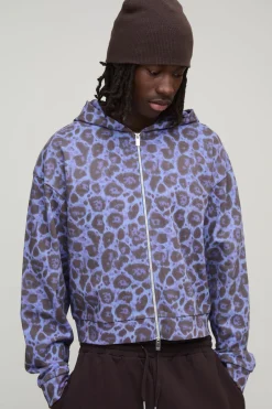 boohooMAN Sweat à capuche zippé à imprimé léopard, coupe rétrécie<Homme Sweats À Capuche Et Sweatshirts|Sweats À Capuche Et Sweats