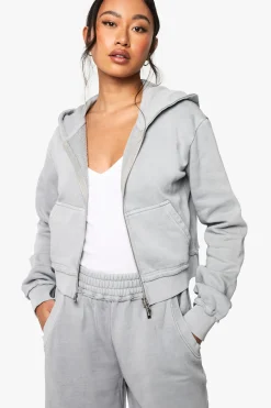 boohoo Sweat à capuche zippé, lavé, à coutures apparentes et rétréci<Femme Sweats À Capuche Et Sweats|Sweats À Capuche Et Sweatshirts
