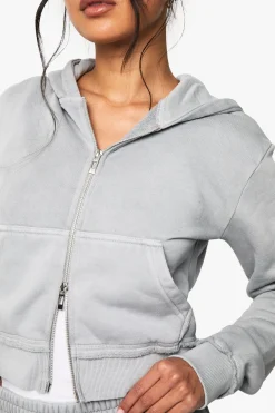 boohoo Sweat à capuche zippé, lavé, à coutures apparentes et rétréci<Femme Sweats À Capuche Et Sweats|Sweats À Capuche Et Sweatshirts