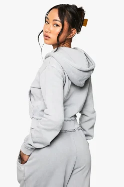 boohoo Sweat à capuche zippé, lavé, à coutures apparentes et rétréci<Femme Sweats À Capuche Et Sweats|Sweats À Capuche Et Sweatshirts