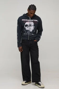 boohooMAN Sweat à capuche zippé noir surdimensionné, au style boxy, premium, pour homme, version bureau, avec imprimé crâne acid wash<Homme Sweats À Capuche Et Sweatshirts|Sweats À Capuche Et Sweats