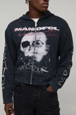 boohooMAN Sweat à capuche zippé noir surdimensionné, au style boxy, premium, pour homme, version bureau, avec imprimé crâne acid wash<Homme Sweats À Capuche Et Sweatshirts|Sweats À Capuche Et Sweats