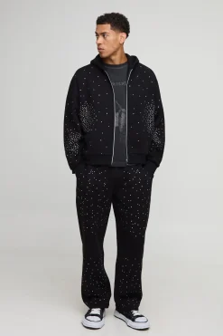 boohooMAN Sweat à capuche zippé orné de strass, coupe boxy et oversize<Homme Sweats À Capuche Et Sweatshirts|Sweats À Capuche Et Sweats