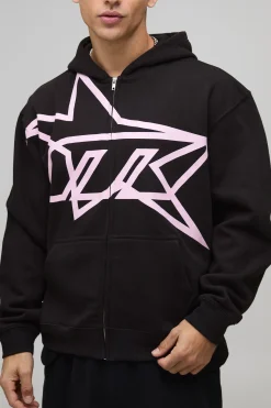 Sweat à capuche zippé oversized à coupe boxy et imprimé étoilé