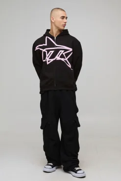 Sweat à capuche zippé oversized à coupe boxy et imprimé étoilé